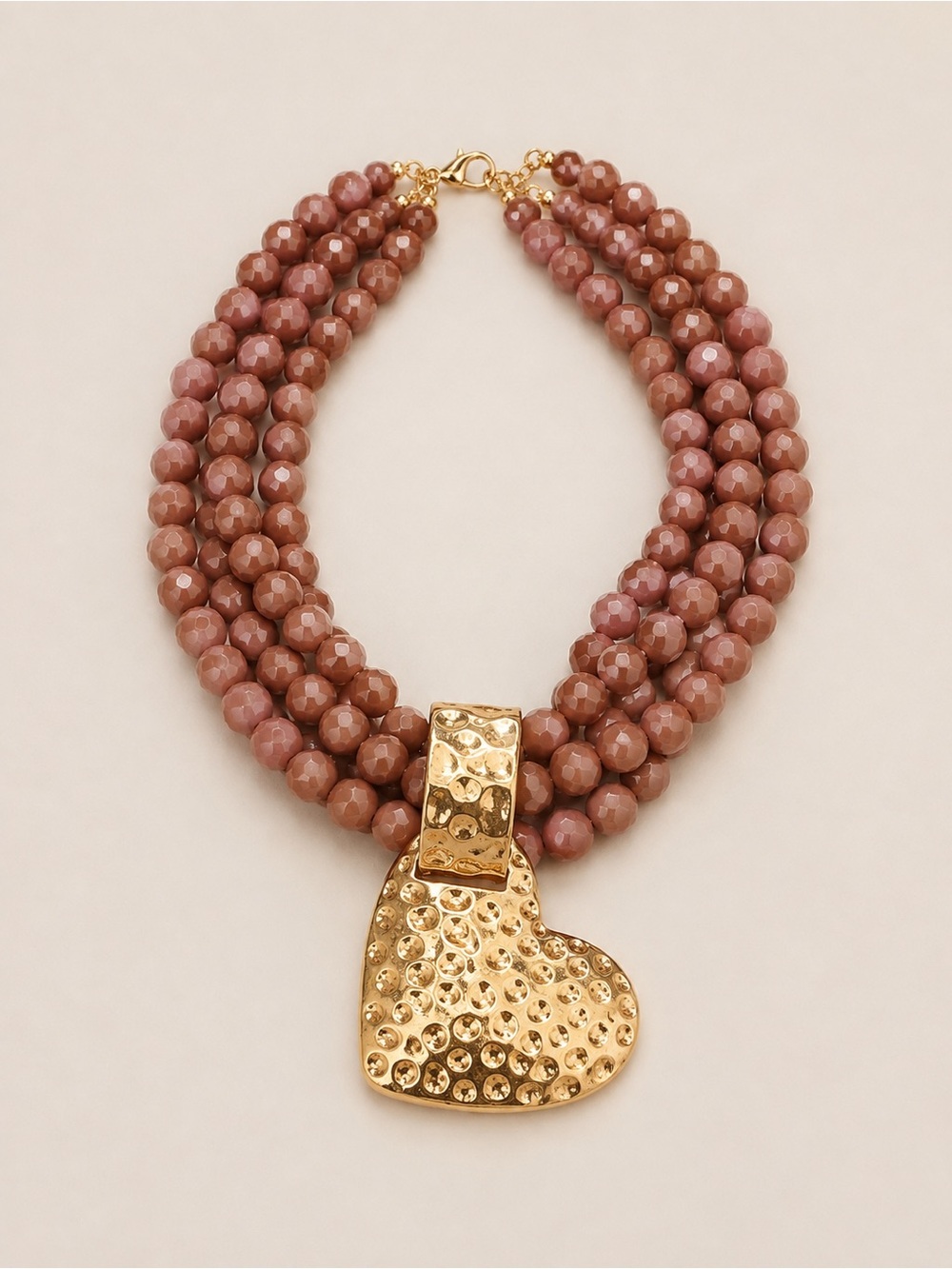 Gold Heart Pendant Multi-Strand mocha Beaded Necklace